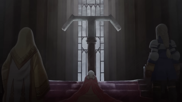 Two individuals stand guard behind a hunched-over individual kneeling before a T-shaped structure set before a massive arched window showing a gray sky