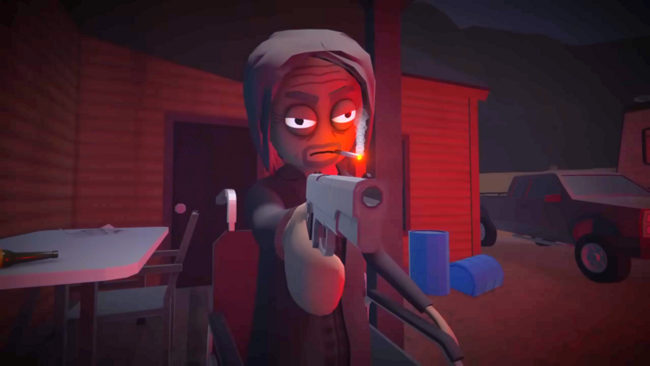 Uncle Aaron from Schedule 1 aiming a gun, nighttime with house behind