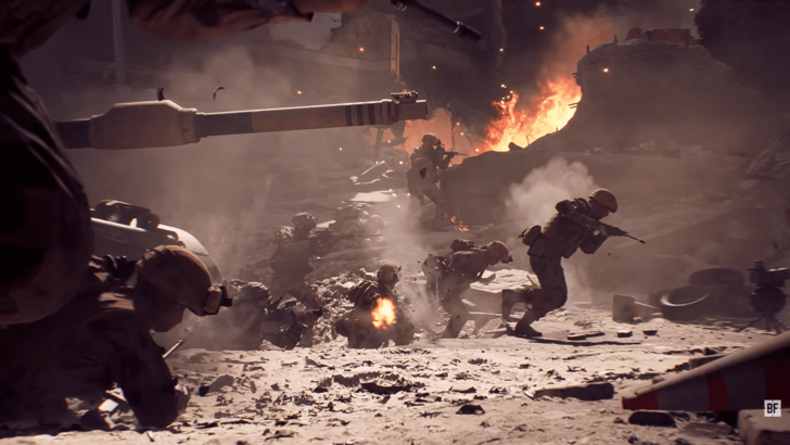 Rampant destruction is shown in this Battlefield 6 cinematic screenshot featuring several soldeirs and a tank