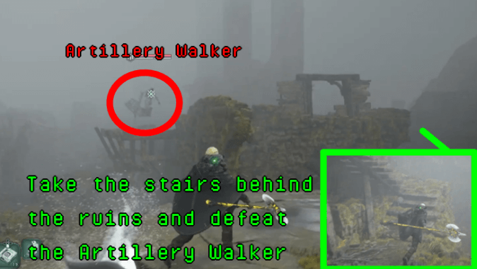 Hell is Us - Climb the stairs behind the ruins and defeat the Artillery Walker