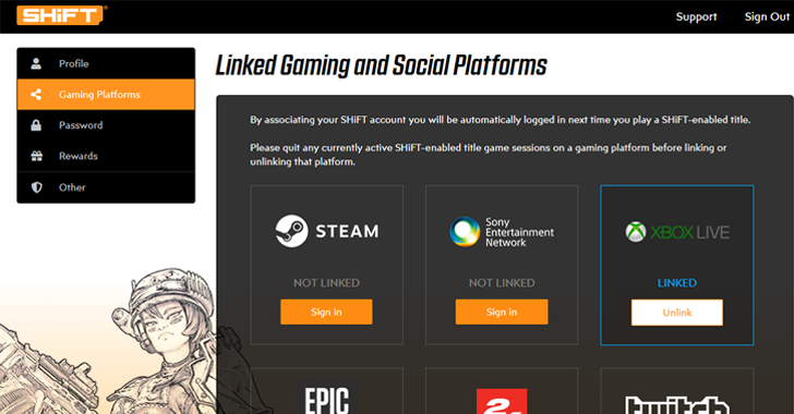 SHiFT Account Link Gaming Platforms