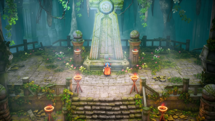 DQ1 hero visiting a shrine, cave lit by torches and godrays