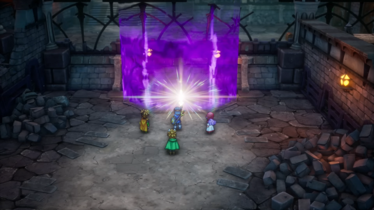 DQ2 Hero and his cousins opening a magic barrier, dungeon of stone lit by a lamp and light from outside
