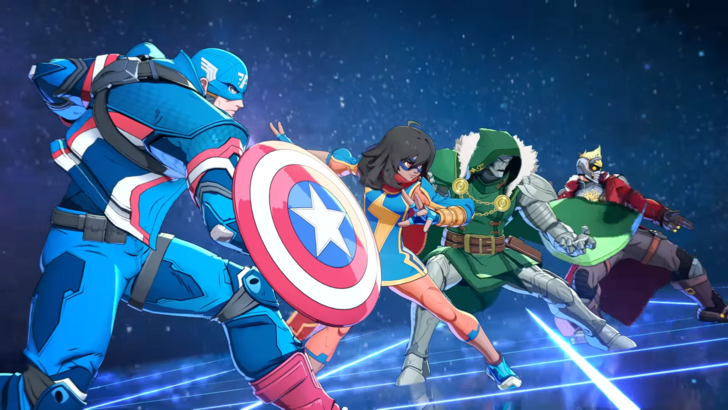 Screenshot of Captain America and other heroes in Marvel Tokon, glass floor in a galactic setting