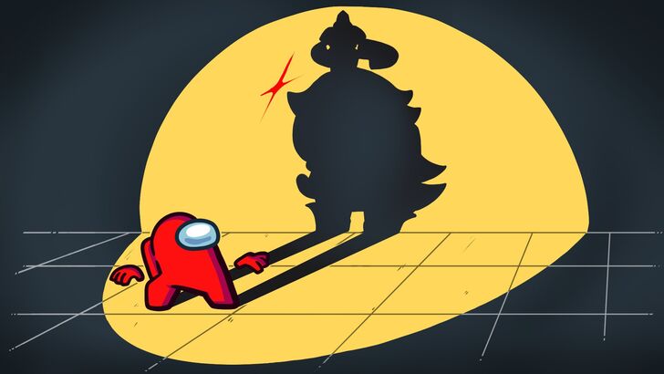 Red from Among Us looking at the silhouette of Paimon from Genshin Impact, yellow spotlight cast upon dark room