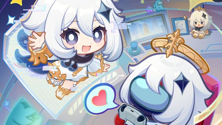 Official art of Paimon from Genshin Impact and Red from Among Us together, well-lit space station lounge