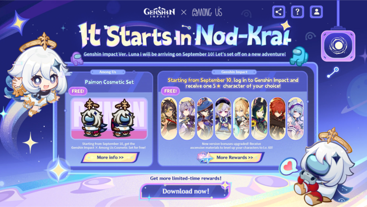 Paimon and Red showing the rewards for the Genshin Impact and Among Us collab