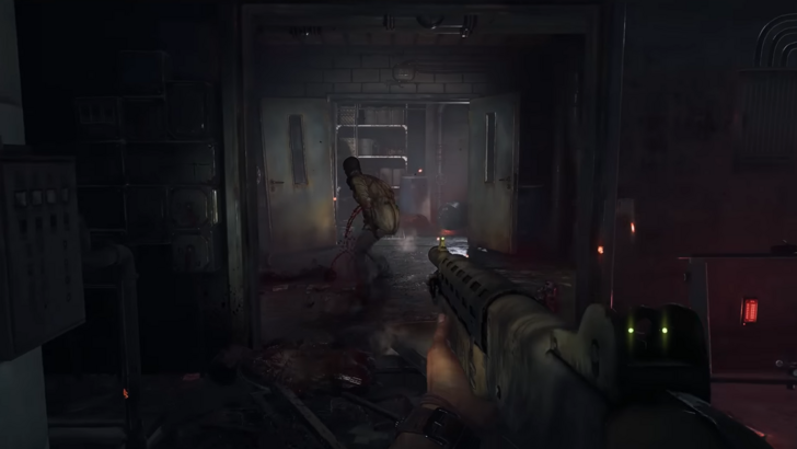 Screenshot of Kyle Crane in Dying Light firing a gun at an infected, dark room lit by flashlight
