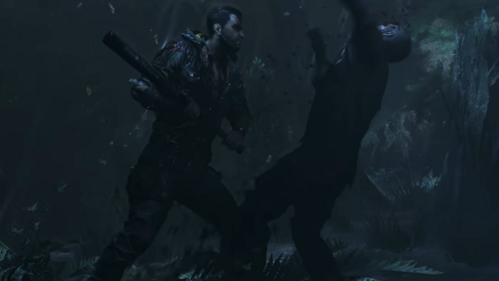 Kyle Crane from Dying Light fighting an enemy with a bat, dark forest