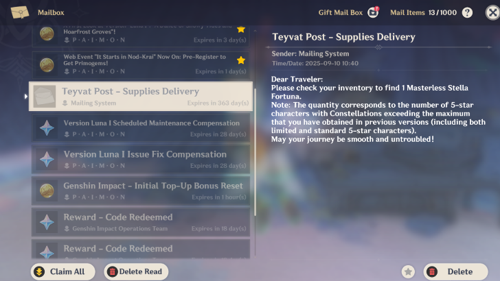 Genshin - Masterless Fortuna form Mail