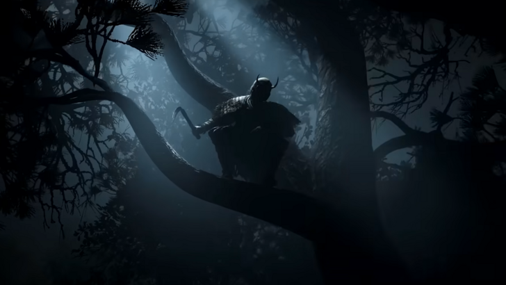 An enemy lurks in the shadows atop a tree in this screenshot from Assassin’s Creed Shadows