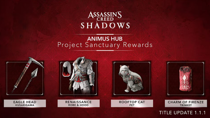 The image shows the rewards for AC Shadows’ new Animus HUB project, namely Ezio’s attire, the Eagle Head kusarigama, the Charm of Firenze trinket, and the Rooftop Cat