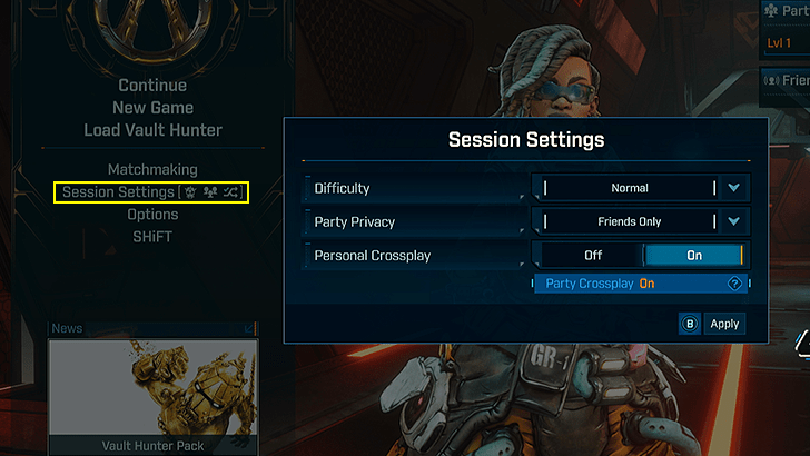 Session Settings Menu