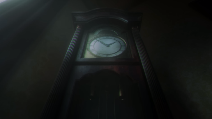 An antique grandfather clock in a dark room seen from a lower angle