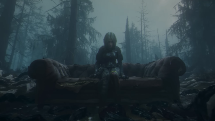 A character from the game Project Spectrum dressed in tactical gear sits alone on a large maroon couch that situated in the middle of a dark and misty forest