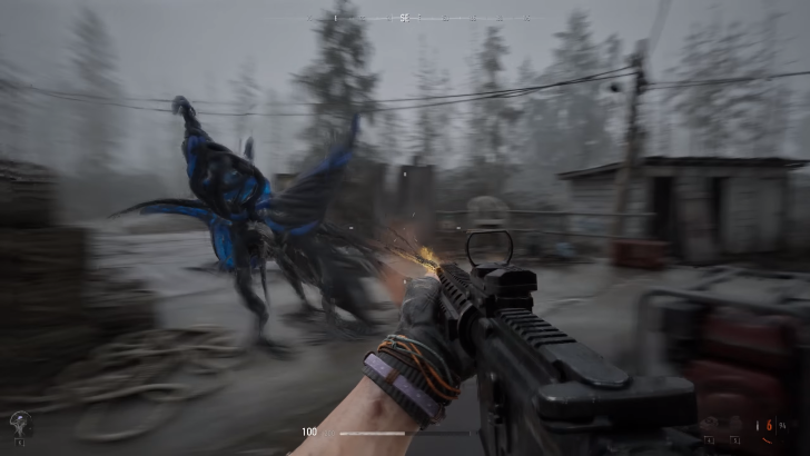 A short of first-person gameplay in which the player shoots at a strange-shaped black creature