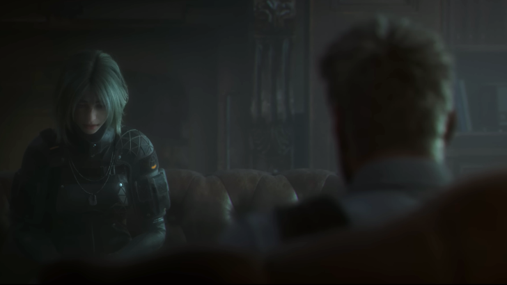 Two characters from the game Project Spectrum sit across from one another in a dark room, shown from an angle behind a man with short hair wearing a white color. A gray-haired individual sits across from him with their head down, wearing tactical gear
