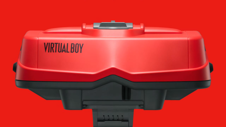 close shot of the Virtual Boy accessory, red background and soft overcast light