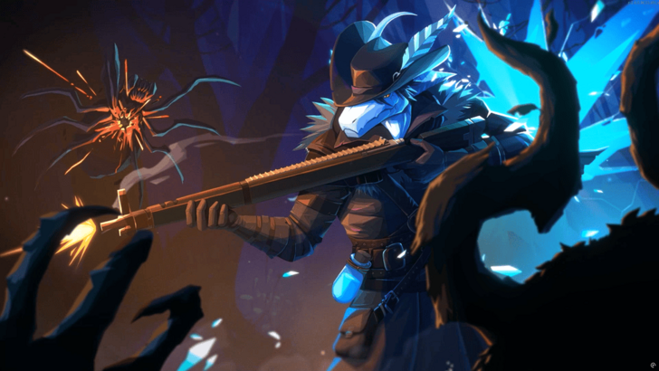 Image of playable character Lacerta shooting enemies