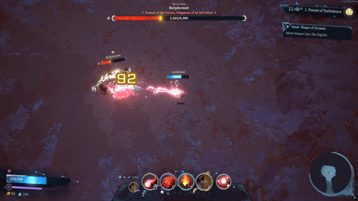 Yubar player shooting basic attack beam against first boss Belphomet