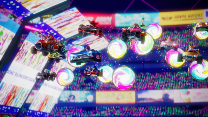 The image shows a pack of Sonic Racing: CrossWorlds racers warping out of a CrossWorld and back onto the main track