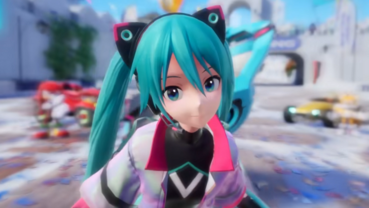 An image of Hatsune Miku in a Sonic Racing: CrossWorlds trailer showing off its crossover playable characters