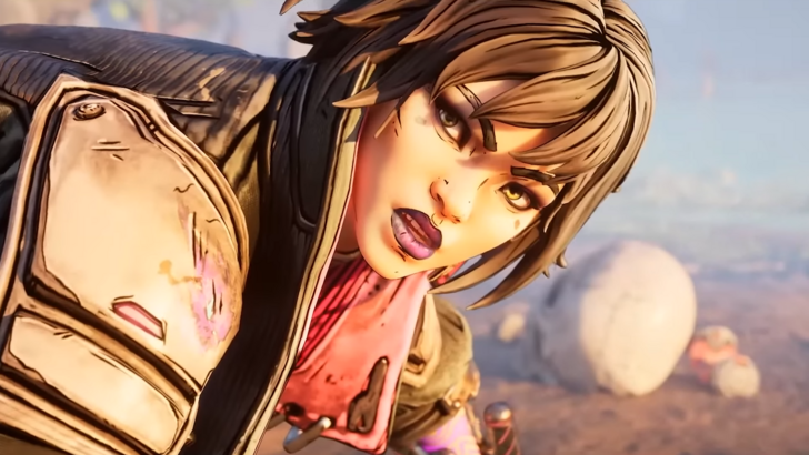 Vex from Borderlands 4 looking at camera, battlefield daytime