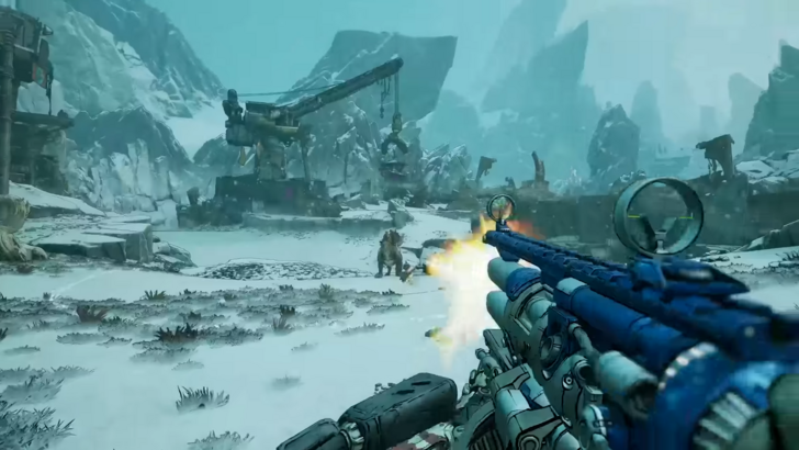 Screenshot of Borderlands 4 gameplay of player shooting, snowy area
