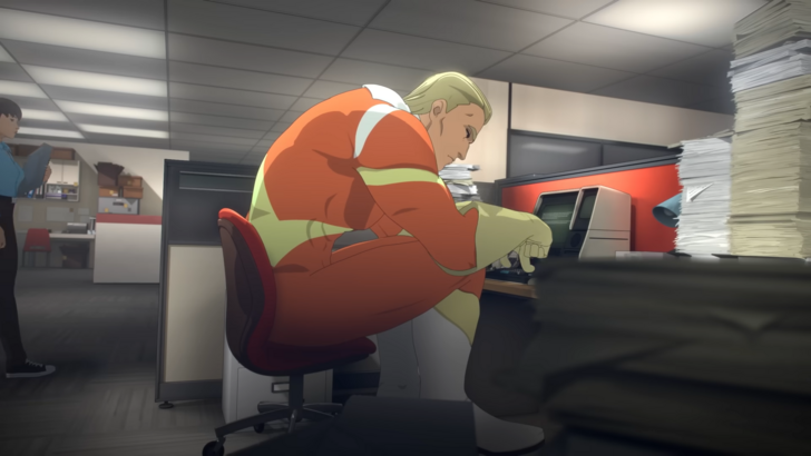 Unnamed orange suited hero in Dispatch sitting behind a desk on a chair too small for him, office