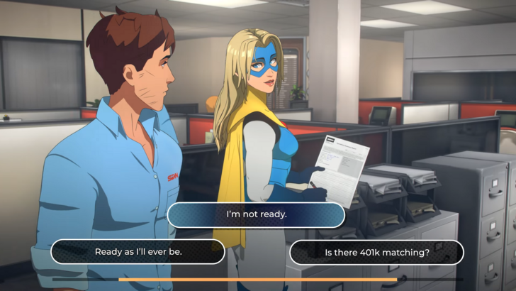 Robert Robertson and Blonde Blazer conversing, office