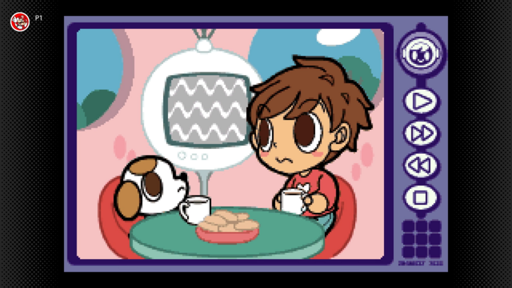 Susumu and Puchi from Mr Digger 2 watching a news broadcast, dining room with breakfast