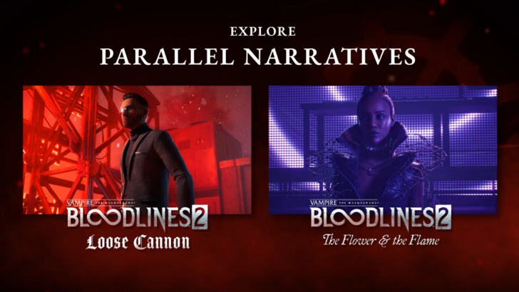 The screenshot shows Vampire: The Masquerade - Bloodlines 2 DLCs Loose Cannon and The Flower & The Flame, coming in 2026