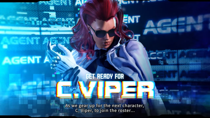 Screenshot of C. Viper in Street Fighter 6, blue backdrop with repeating text saying Agent