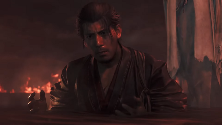 Screenshot of Miyamoto Musashi in Onimusha Way of the Sword, sky and water lit in red