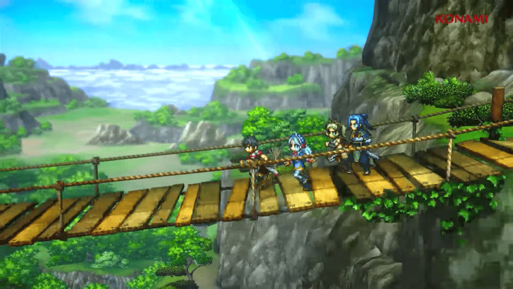 In-game shot of Suikoden STAR LEAP characters running across a bridge