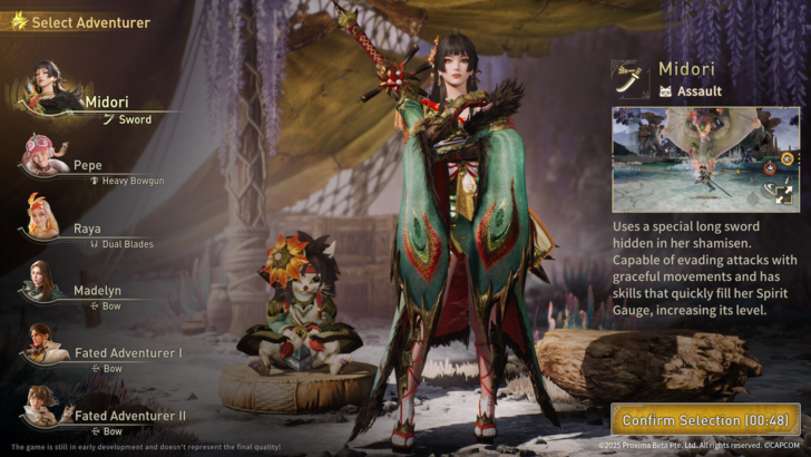 Monster Hunter Outlanders character selection screen with Midori selected