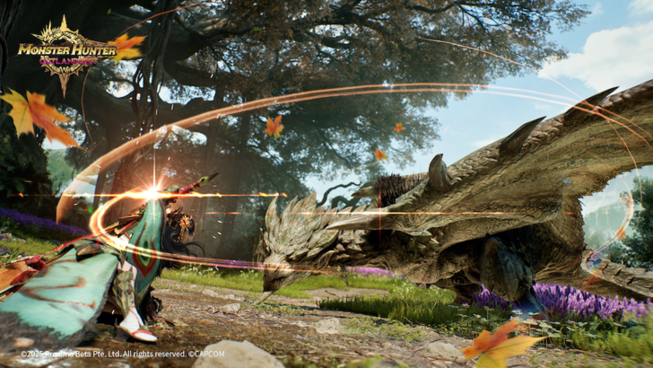 Midori from MHO uses a Long Sword skill against a Rathian