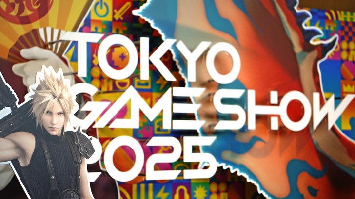 Cutout of Cloud from FF7 in front of a colorful Tokyo Game Show 2025 display