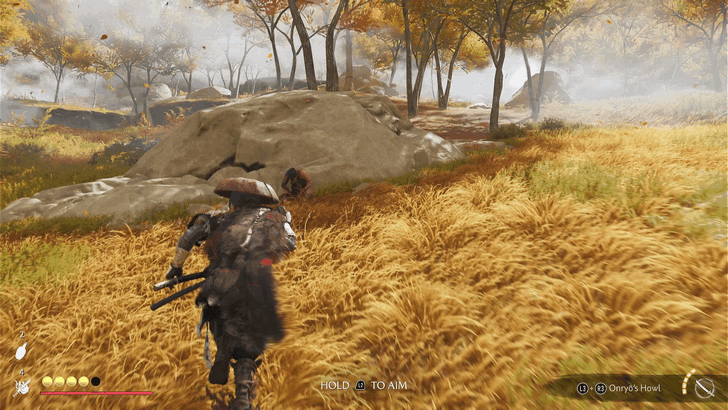 Ghost of Yotei Run Uphill While Hiding Behind Large Rocks