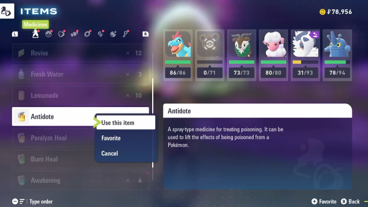 Pokemon Legends Z-A - Using Antidote From the Satchel