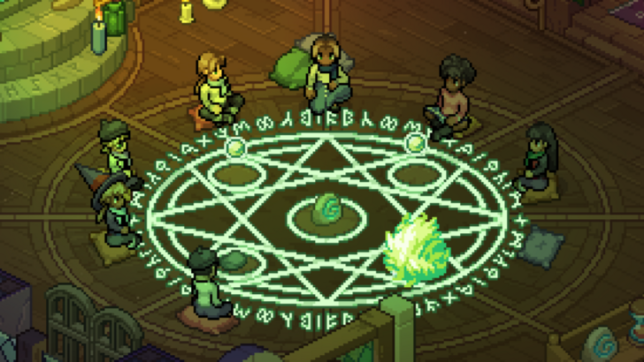 Witchbrook students around a ritual circle