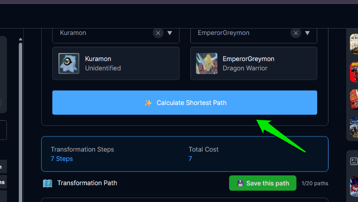 Press on Calculate Shortest Path to See the Fastest Digivolution Route
