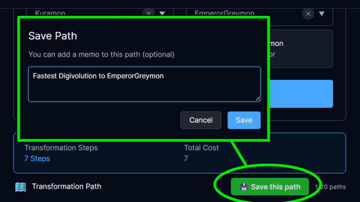 Select Save this Path to Access Saved Digivolution Route