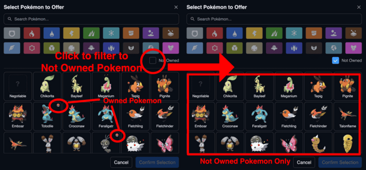 Pokemon Legends Trading Board Not Owned Filter