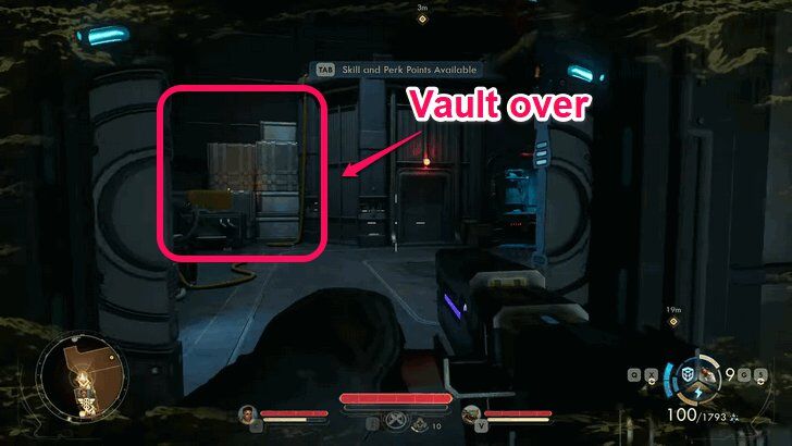Open the door and vault over boxes