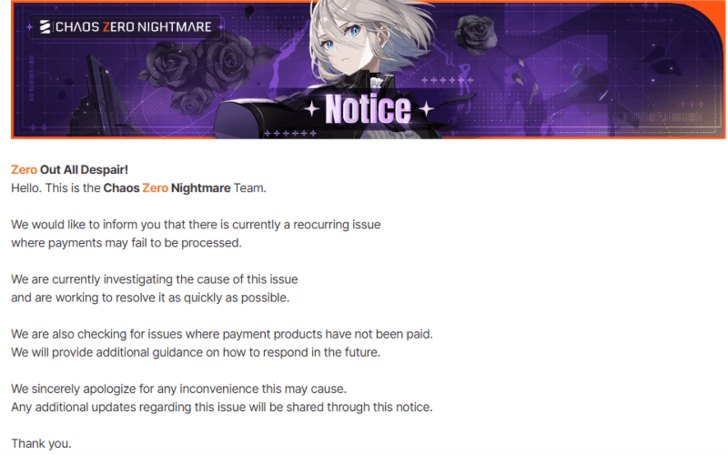 Chaos Zero Nightmare - Payment Error