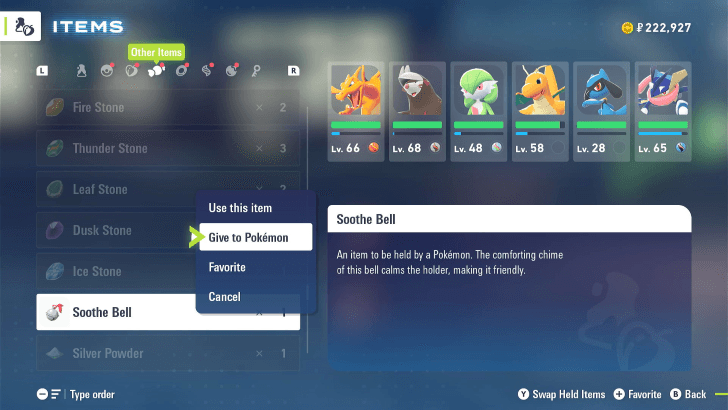 Give Soothe Bell to a Pokemon