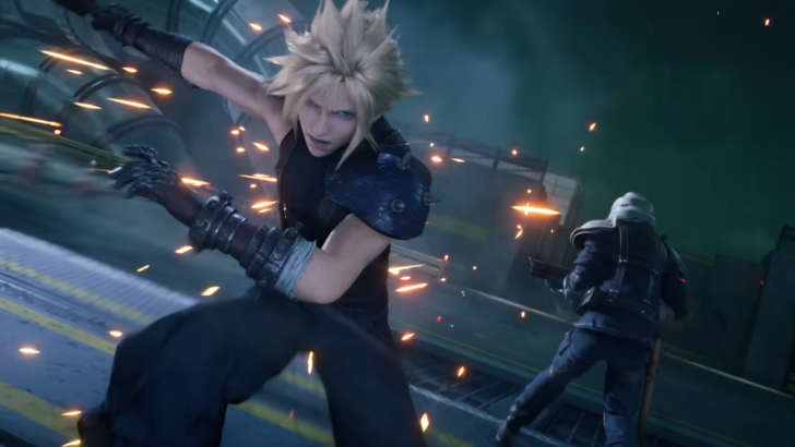 FF7 Remake Cloud attacking a Shinra Trooper