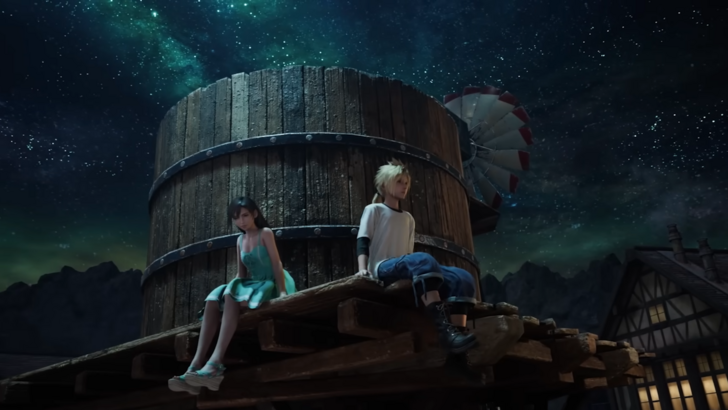 FF7 Remake young Cloud and Tifa on the water tower