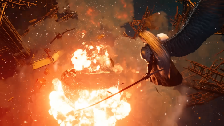 FF7 Remake Sephiroth hovering over flames